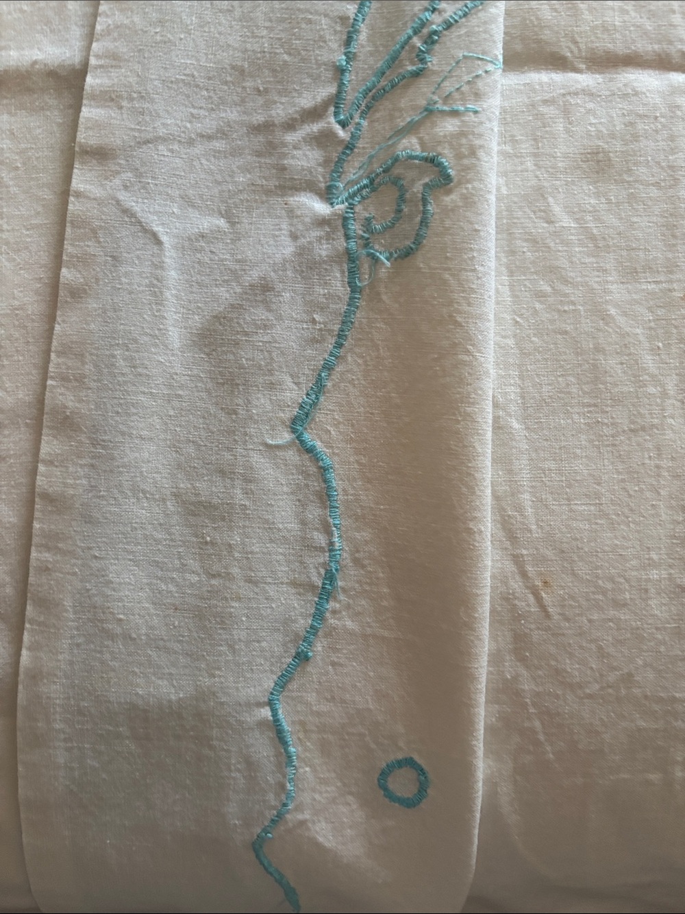 Vintage Hand Made Embroidered Cotton Queen Top Sheet, Teal & White - Picture 6 of 6